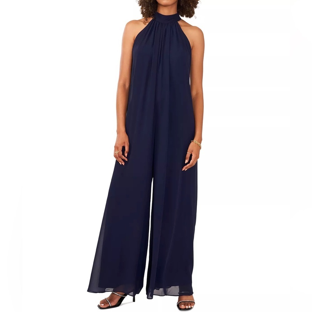 NEW MSK Tie Back Chiffon Wide Leg Navy Halter Neck Evening Jumpsuit